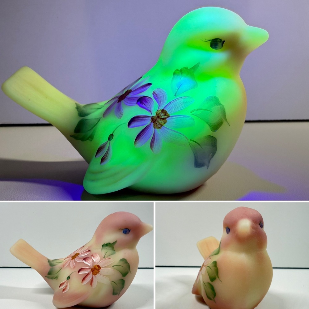 Vintage Fenton Burmese Uranium Glass Bird Figure Painted Schliche Floral 4" GLOW